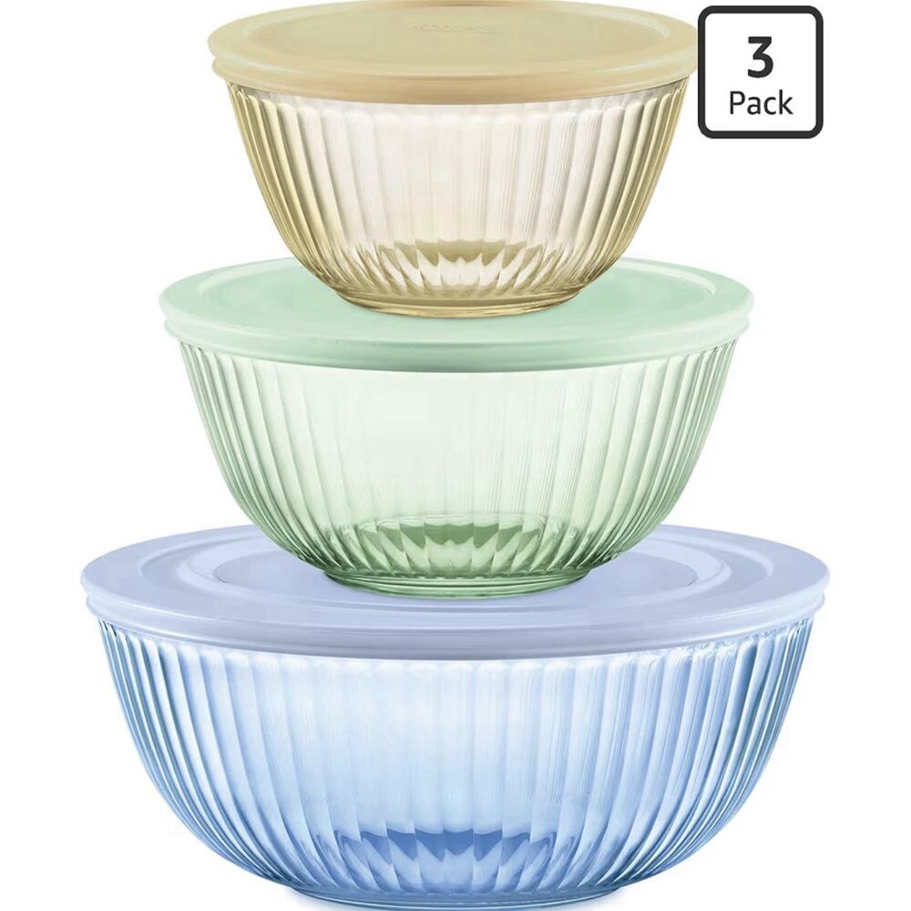 Pyrex Colors Tinted 3-Pack, Full Set) Sculpted Tinted Glass Mixing Bowls Openbox